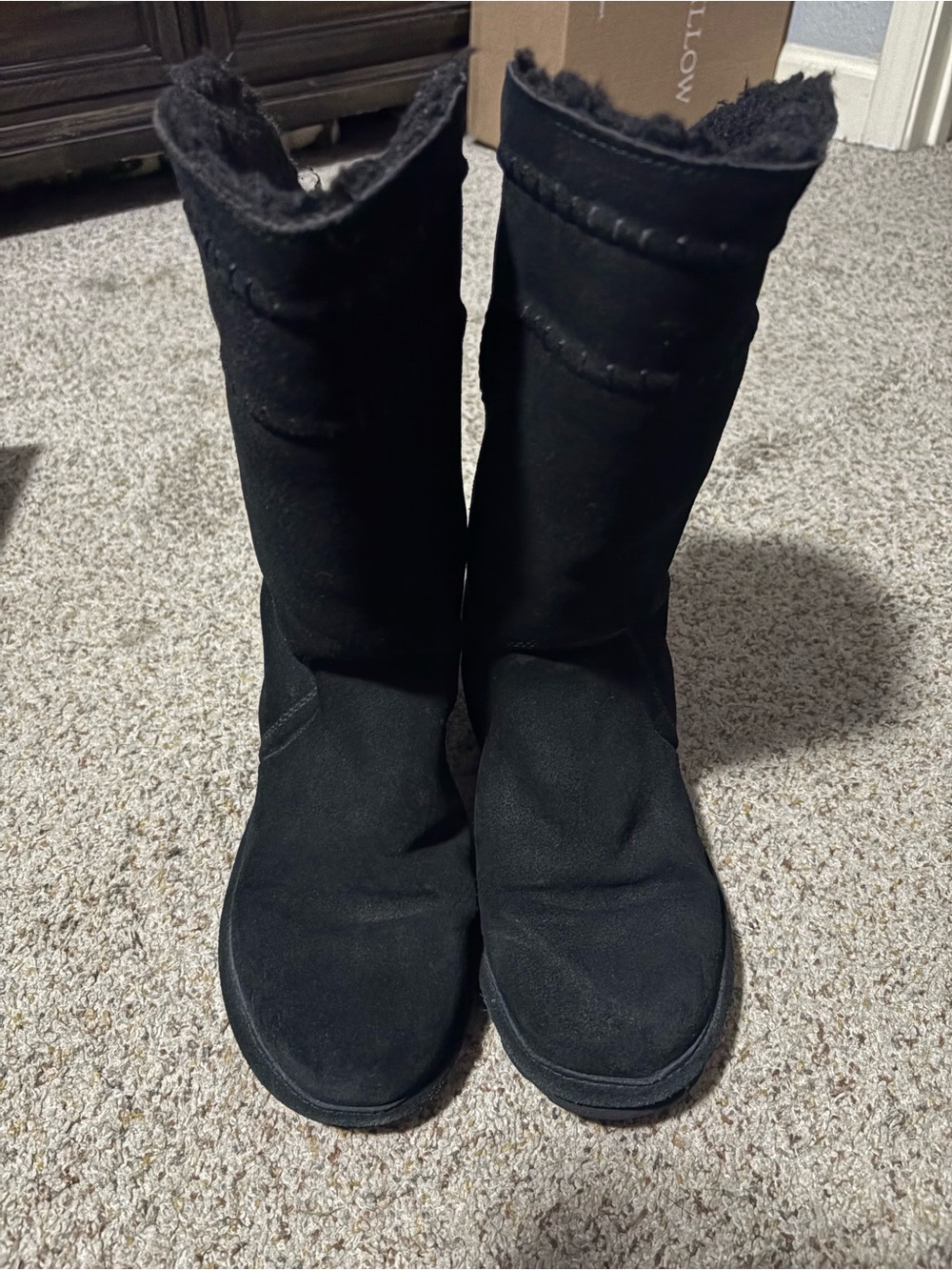 Bearpaw Mid Calf‎ Winter Boots Womens 10 Black Suede Faux Fur Whipstitch Detail